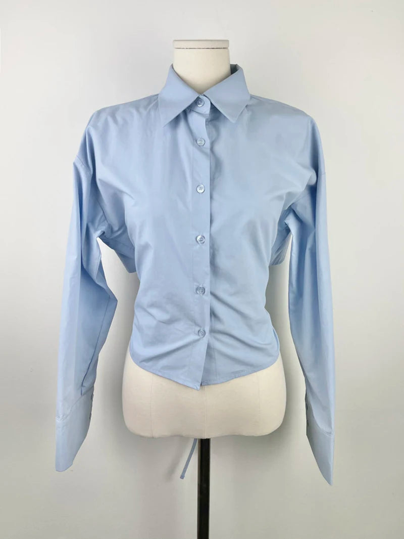 MEXZT Korean Long Sleeve Shirt Women Sexy Strap Backless Chic Blouse Office Lady Slim Lace Up Turn Down Collar Casual Top Aviola
