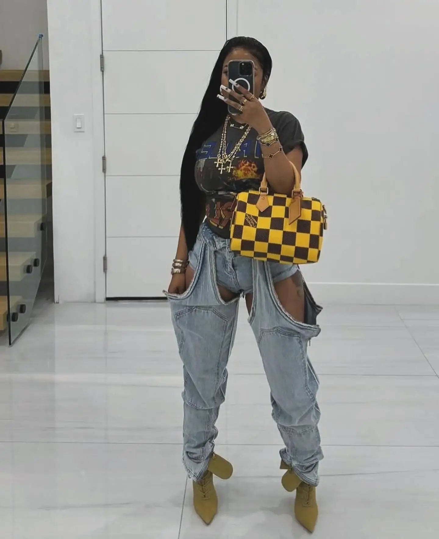 Mom Jeans Straight Pants Women Hollow Out Zipper High Strecth Pockets Irregular Denim Vintage Y2k 2025 Trousers Streetwear Aviola