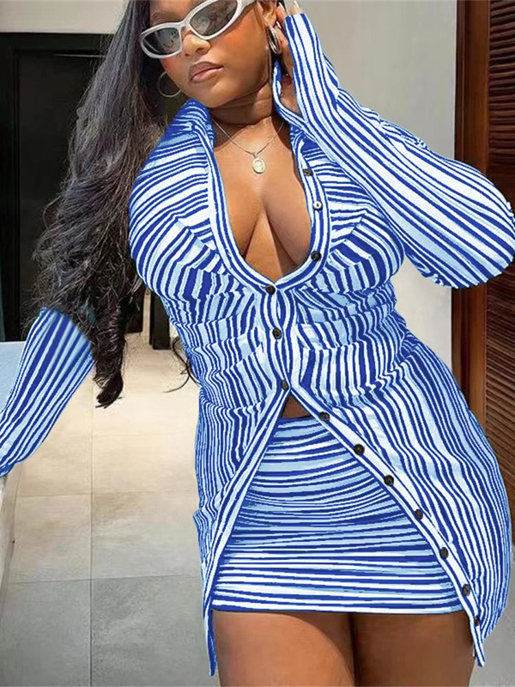 Nibber Autumn Two-piece set Women Fashion Pretty Full Sleeve Pleats Buttons Office Lady Top+Hip Skirt Striped Sexy Classic Suit Aviola