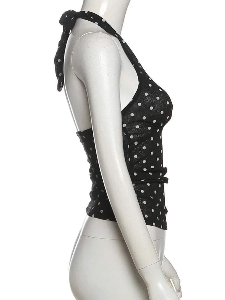 Nibber See Through Vests Women v-Neck Halter Bandage Backless Polka Dot Print Street Sexy Daily Skinny Fashion Hot Chick Tops Aviola