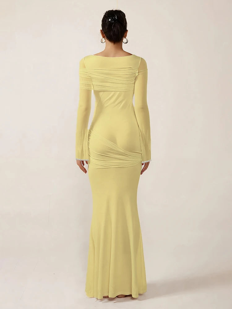 Nibber o-Neck Maxi Dress Women Mesh Long Sleeves Folds Elegant Temperament Autumn Trend Skinny Solid Banquet Simple Vestidos Aviola