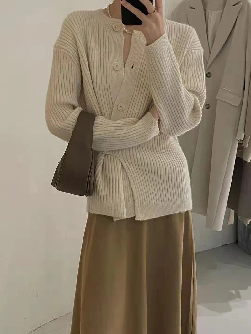 MEXZT Irregular Knitted Cardigan Women Elegant Black Sweater Coat Korean Fashion Slim Knitwear Winter Ladies Basic Chic Jumpers Aviola