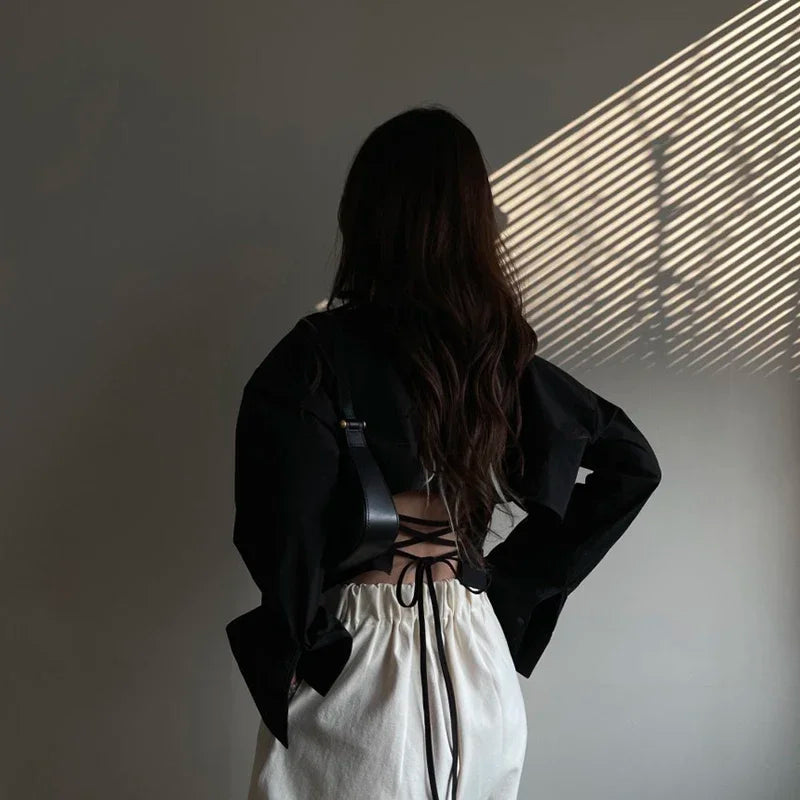 MEXZT Korean Long Sleeve Shirt Women Sexy Strap Backless Chic Blouse Office Lady Slim Lace Up Turn Down Collar Casual Top Aviola