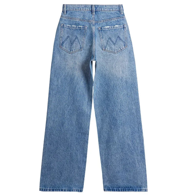 Denim Wide Leg Pants Women Jeans Floor Length High Waist Mom Jenas Washed Pockets Vintage Straight Trousers 2025 Streetwear Aviola