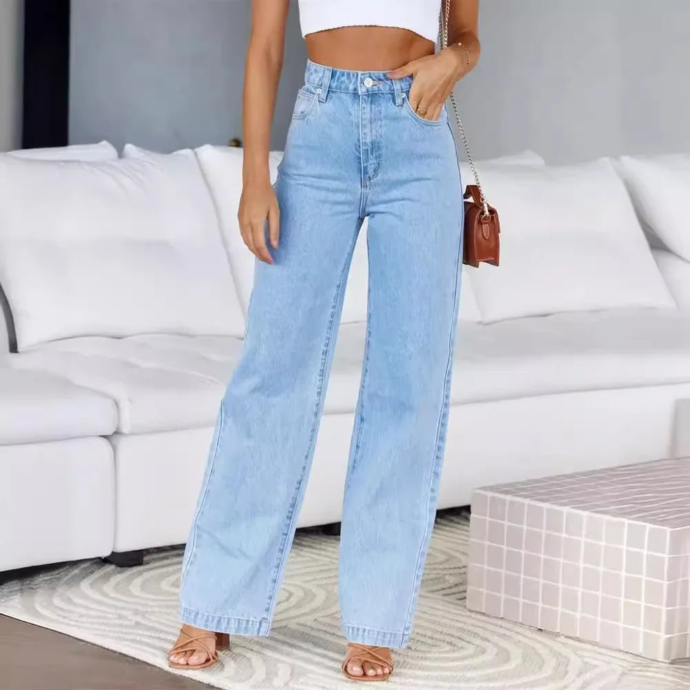 Women Jeans Straight Pants Denim Washing High Waist Loose Fit Pockets Button Basics Wide Leg Trousers Solid Color 2024 Casual Aviola