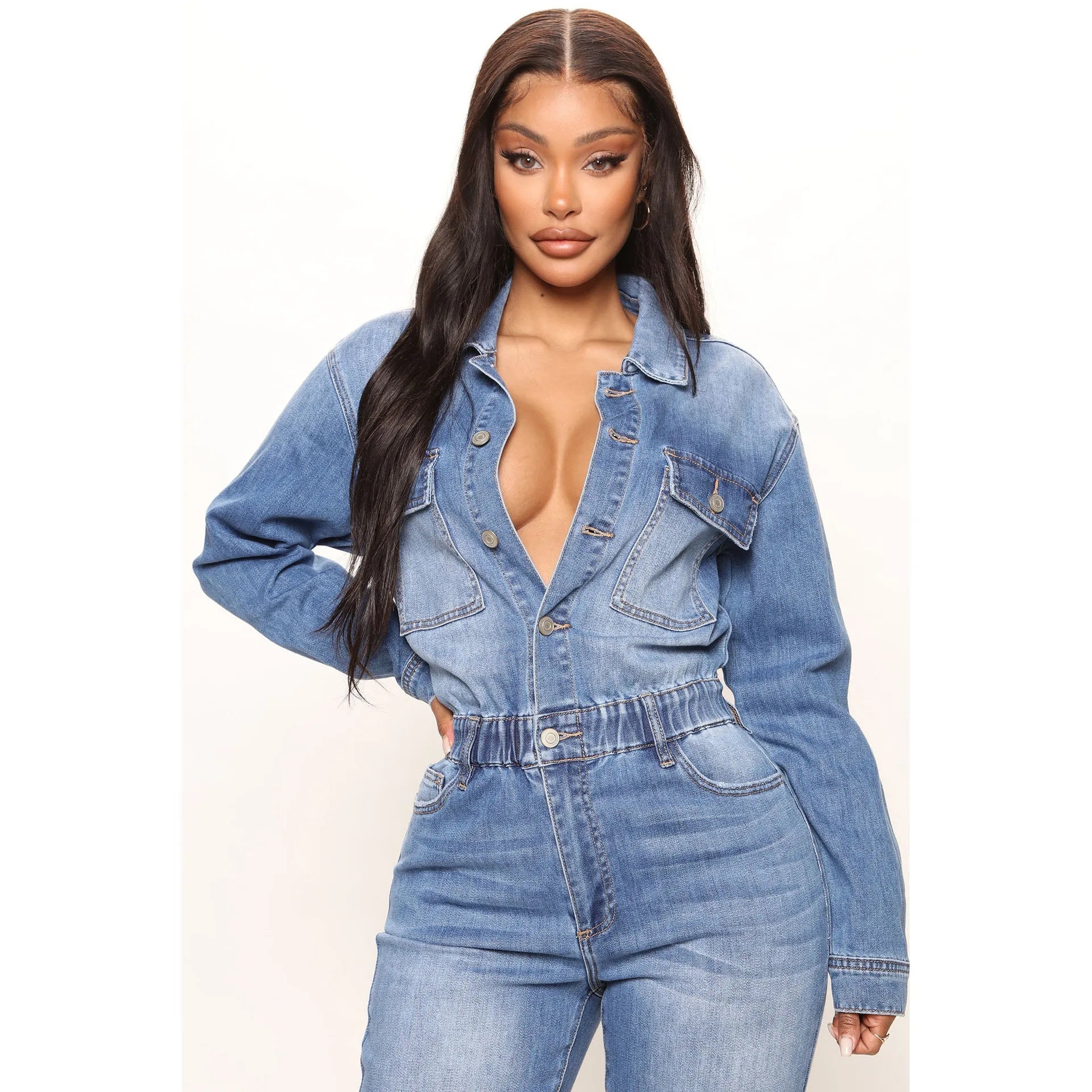 Women Jeans Jumpsuits Single Breasted Solid Denim Washing Overalls Pockets High Street Button Pencil Pants Ankle Length Aviola