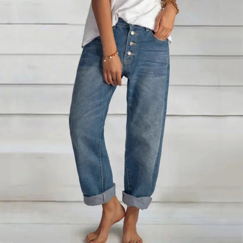 Women Jeans Solid Color Straight Pants Zipper Fly Flat Pockets Streetwear Loose Fit Mid Waist Patchwork Button Autumn 2023 Aviola
