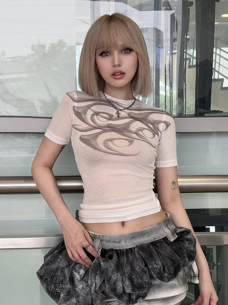 Nibber Print See Through t-Shirt Women o-Neck High Elasticity Skinny Sexy Summer Simple Street Classic Versatile Leisure Tops Aviola