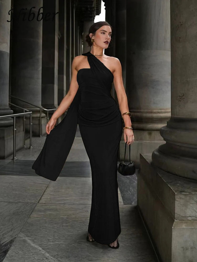 Nibber Ruched Backless Dress Women Diagonal Collar Single Shoulder Strap Tassel Elegant Temperament Stretch Trend Long Bodycon Aviola