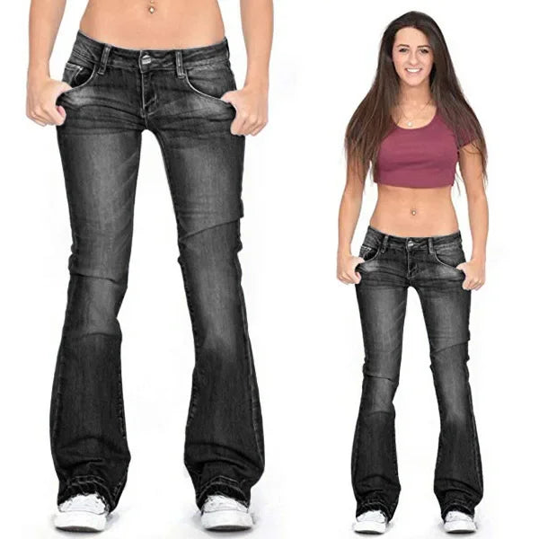 Women Washed Jeans Flare Pants Denim Mid Waist Slim Fit Pockets Button Solid Colour Vintage Full Length Casual Denims Trousers Aviola