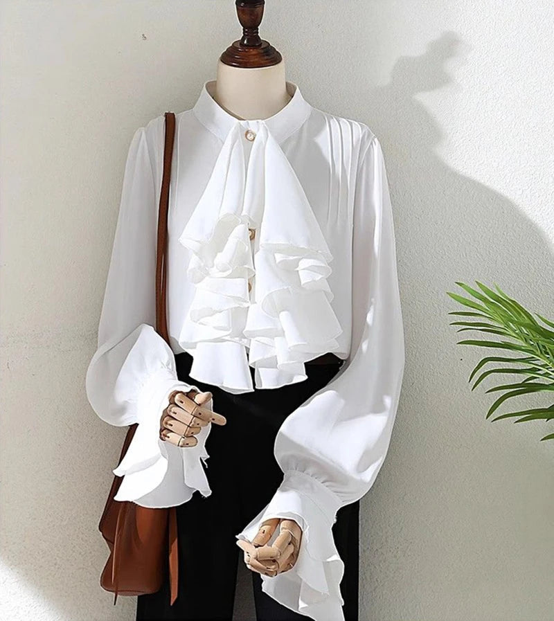 MEXZT Vintage White Shirts Women Elegant Ruffles Flare Long Sleeve Blouses Office Ladies Korean Single Breasted Design Chic Tops Aviola