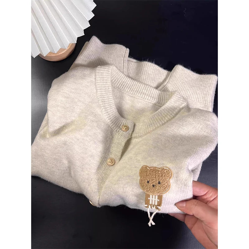 MEXZT Kawaii Knitted Cardigan Women Korean Cartoon Bear Sweater Outerwear Preppy Cute Long Sleeve Knitwear Winter Casual Jumpers Aviola