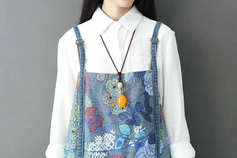 Overalls Women Suspenders Sling Jumpsuits Denim One Piece Wide Leg Long Pants High Waist Rompers Y2k Streetwear Print Floral Aviola