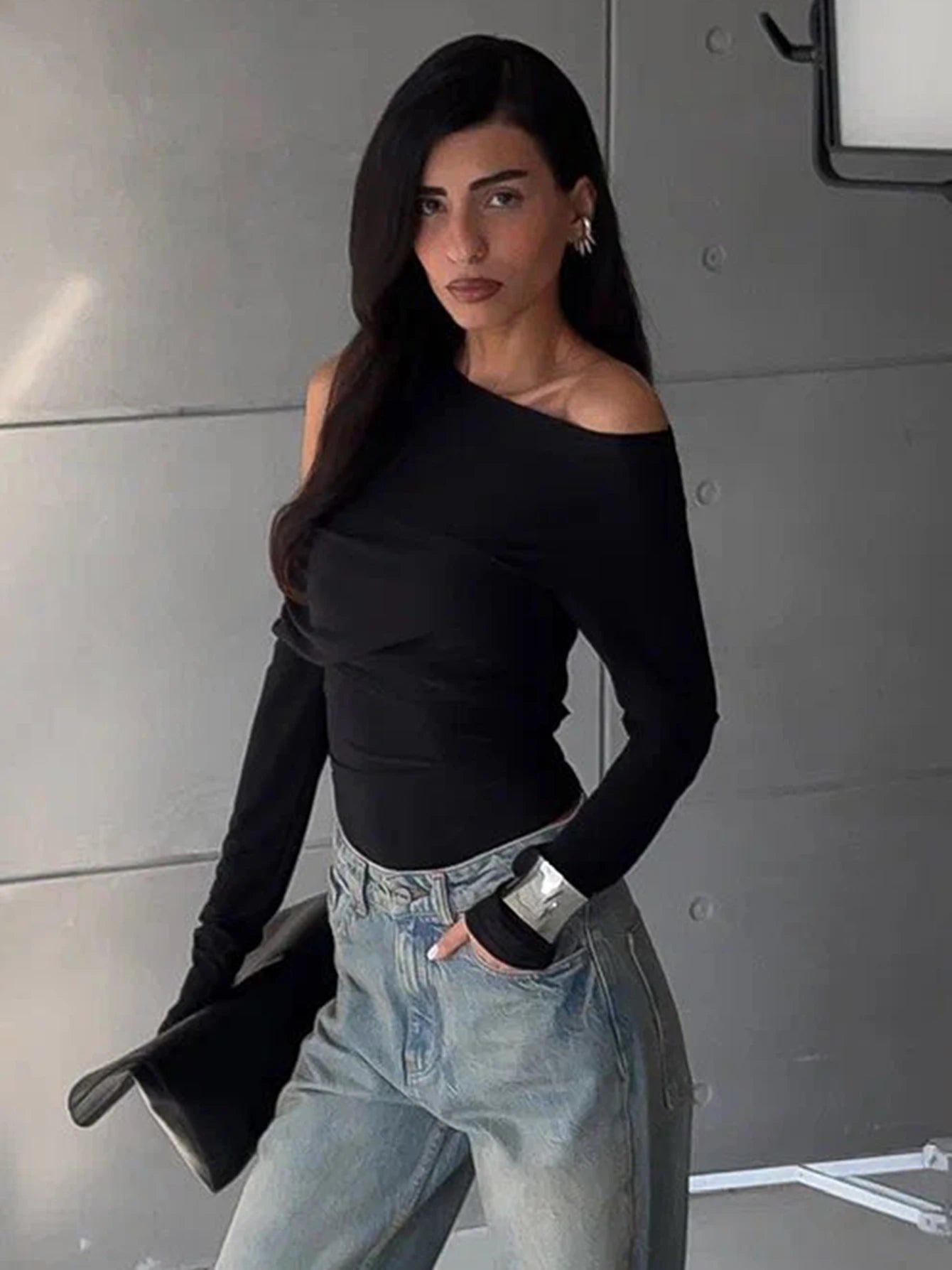Nibber Elegant Woman Top Autumn Irregular Off Shoulder Stretch Street Fashion Blouse Simple Stylish Versatile Daily t-Shirt Aviola