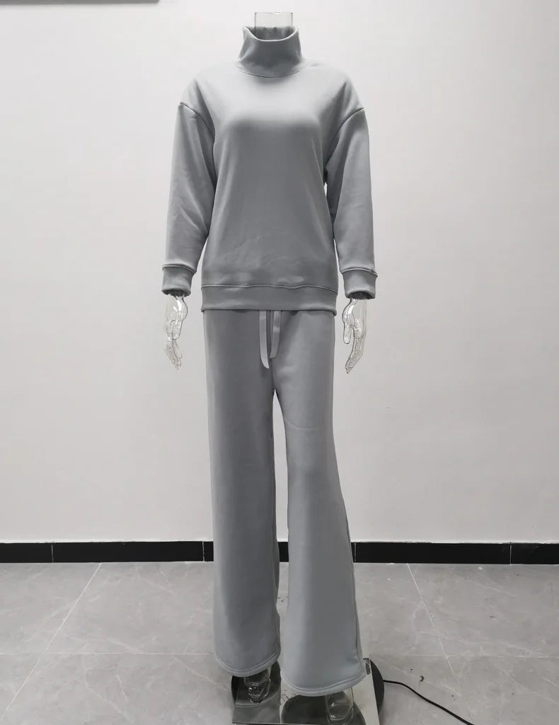 Women Tracksuit Two Pieces Set Long Sleeve Turtleneck Pullover Solid Color Hoodies Wide Leg Pants Drawstring Autumn Casual 2023 Aviola