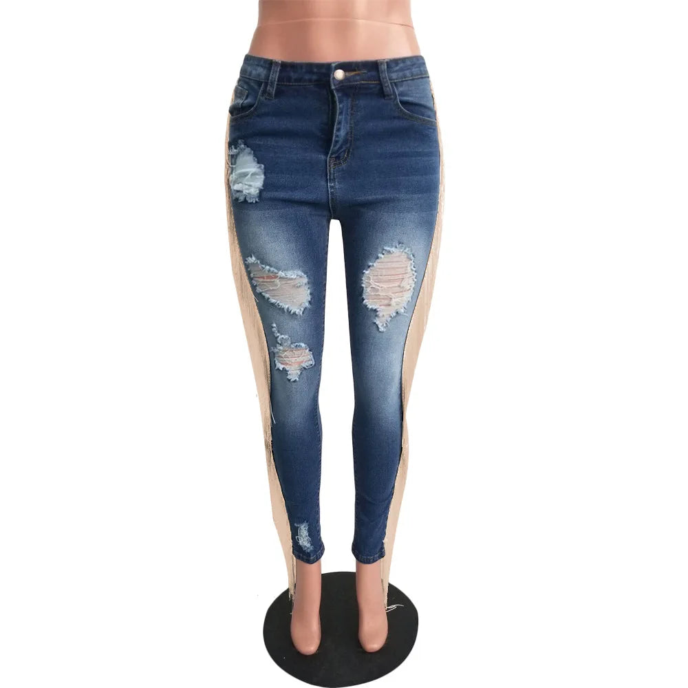 Denim Pants Women Mom Jeans Hole Long Pants Tassel High Waist Straight Trousers Y2k Bodycon Slim Fit Splice Streetwear 2025 Aviola