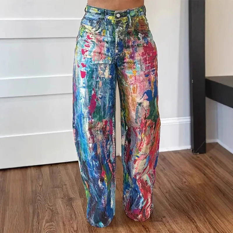 Denim Pant Women Jeans Wide Leg Long Pants Print High Waist Straight Trousers Y2k Streetwear Gothic Elegant Splice Work Casual Aviola