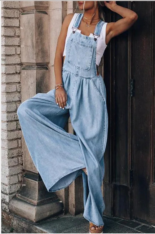 Pocket Design Wide Leg Suspender Denim Jumpsuit for Women Overall Cowboy BibSquare Neck Daily Regular Fit Sleeveless Summer Fall Aviola