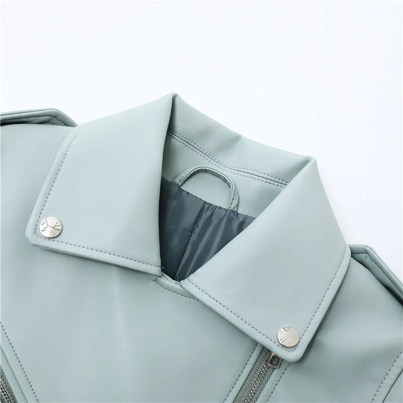 2025 New Spring Autumn Women Blue Faux Leather Jacket Ladies Solid With Belt Zipper Biker Coat Female Casual Outwear Veste Femme Aviola