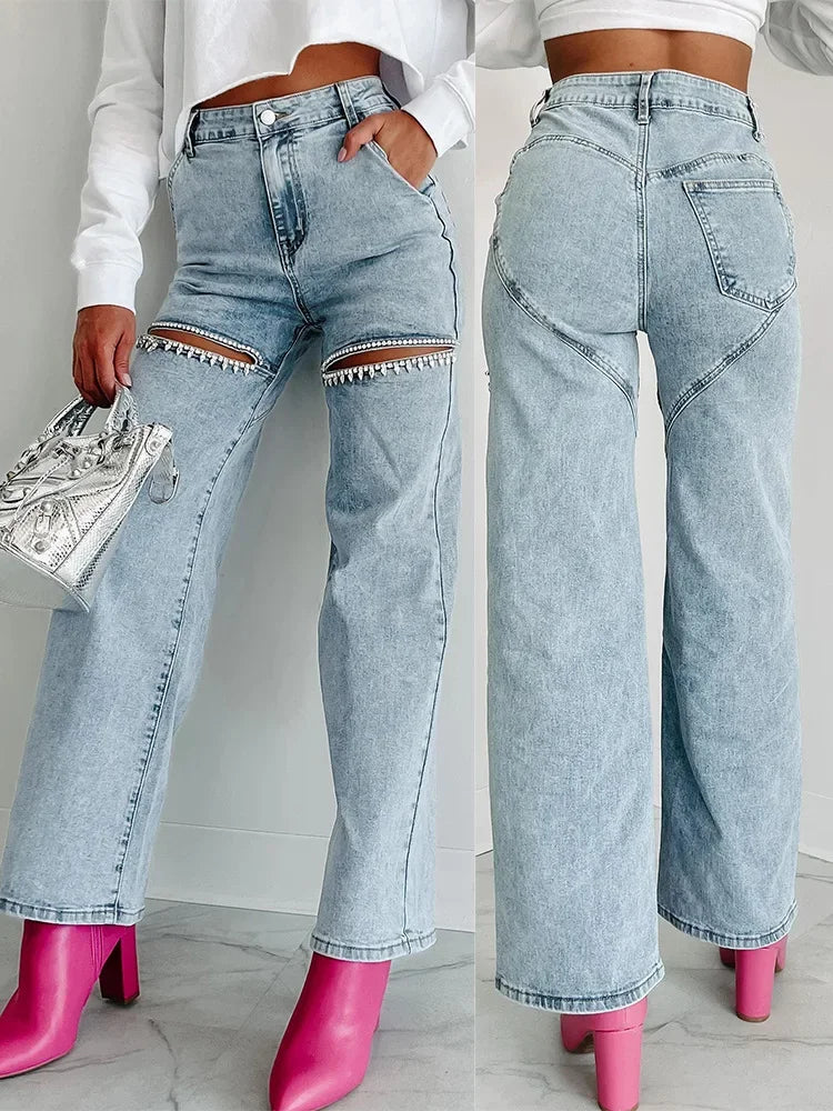 Denim Jeans for Women Streetwear Straight Pants Hole Diamonds Mid Waist Washed Distressed 2025 Casual Mom Ankle Length Trousers Aviola