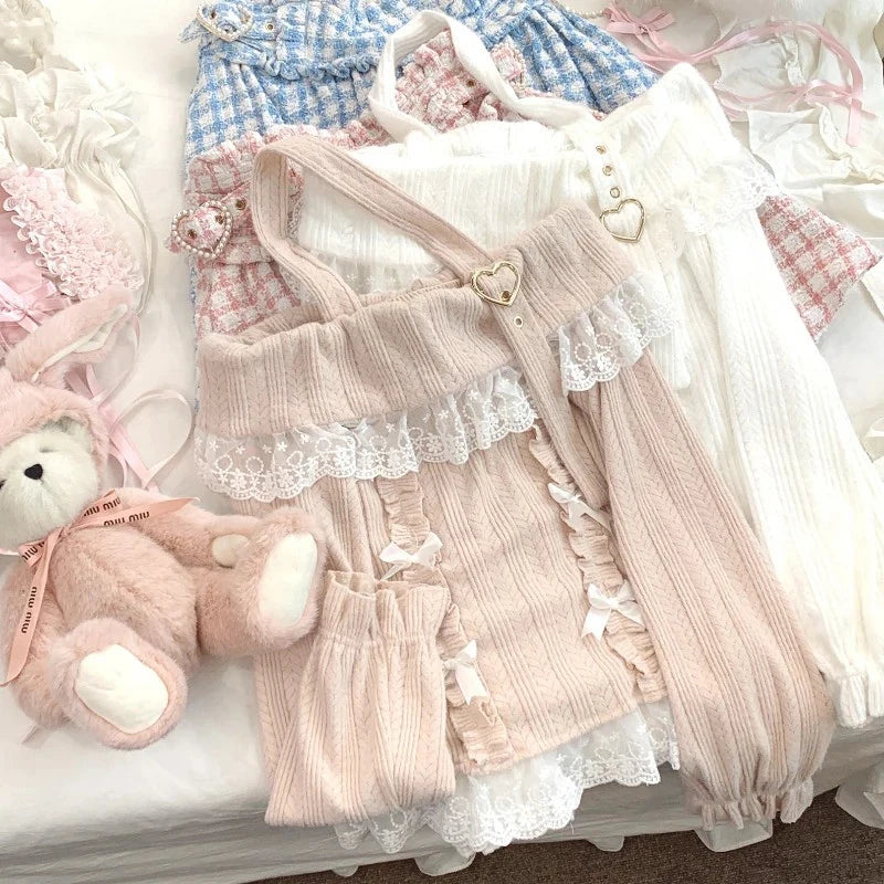 MEXZT Kawaii Pink Slash Neck Sweater Women Lolita Lace Patchwork Knitted Pullovers Y2K Cropped Halter Knitwear Aesthetic Jumpers Aviola