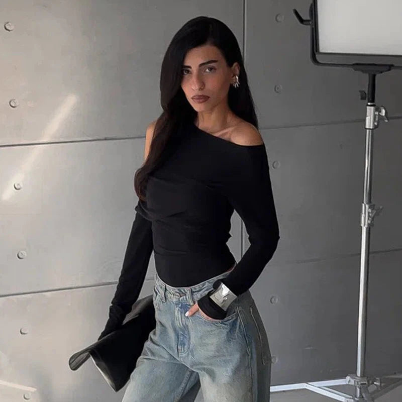 Nibber Elegant Woman Top Autumn Irregular Off Shoulder Stretch Street Fashion Blouse Simple Stylish Versatile Daily t-Shirt Aviola