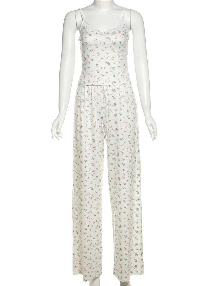 Nibber Floral Prints 2-Piece Set Women Patchwork Bows Low-Neck Suspender Tops+Bandage Loose Trousers Leisure Comfortable Suits Aviola