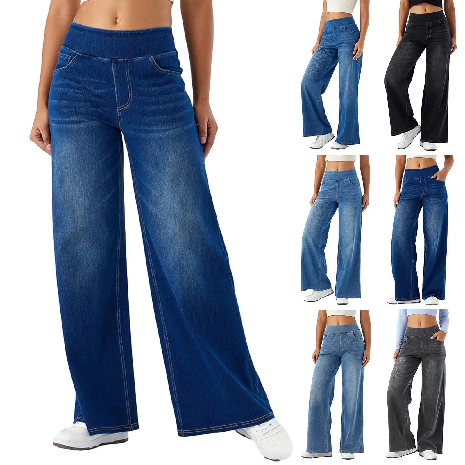 Women Jeans Denim Pant Wide Leg Long Pants Y2k Streetwear Elastic Waist Straight Trousers Elegant Mom Jeans Temperament Casual Aviola