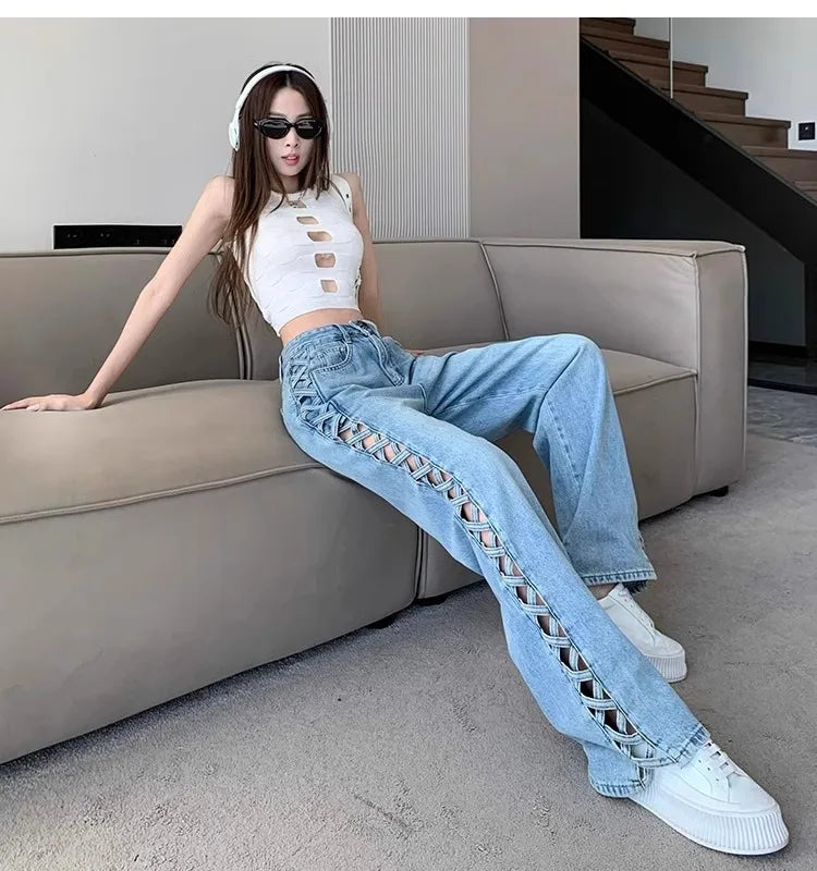 Women Casual Mom Jeans Hollow Out High Waist Trousers Button Zipper Wide Leg Pant Office Lady Loose Spring Club Y2k Streetwear Aviola