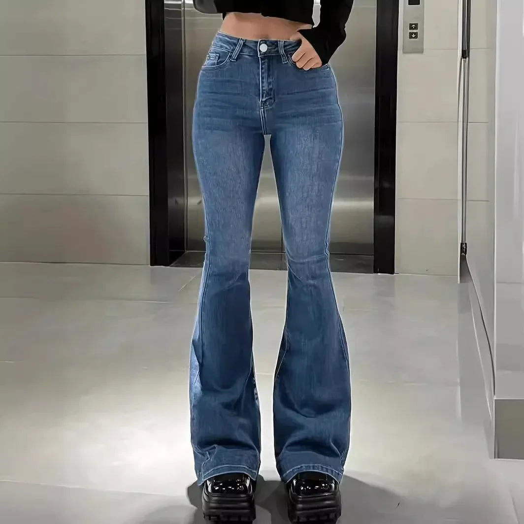 Flare Pants Women Jeans High Waist Streetwear Trousers Skinny Stretch Distressed Washed Pocket 2025 Y2k Mom Jeans Vintage Denims Aviola