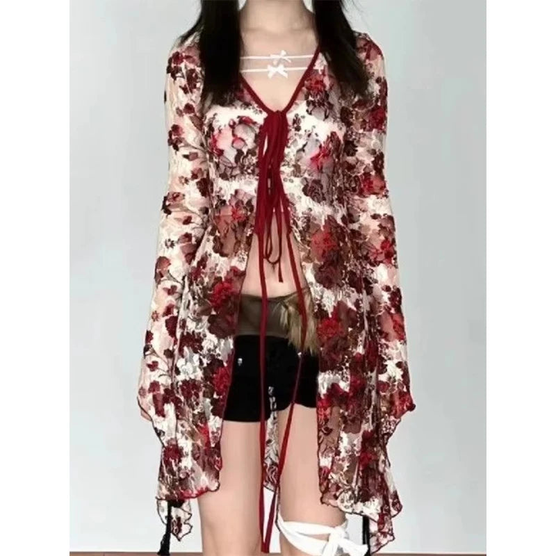 MEXZT Vintage Floral Shirts Women Y2K Aesthetic Lace Bandage Blouses Summer Harajuku V Neck Print Flare Long Sleeve Slim Tops Aviola