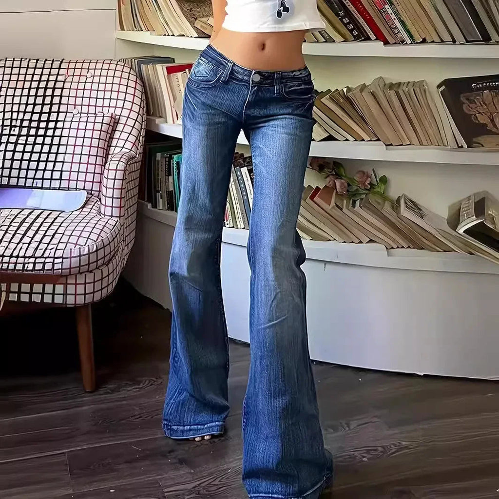 Flare Pants Women Jeans High Waist Streetwear Trousers Skinny Stretch Distressed Washed Pocket 2025 Y2k Mom Jeans Vintage Denims Aviola