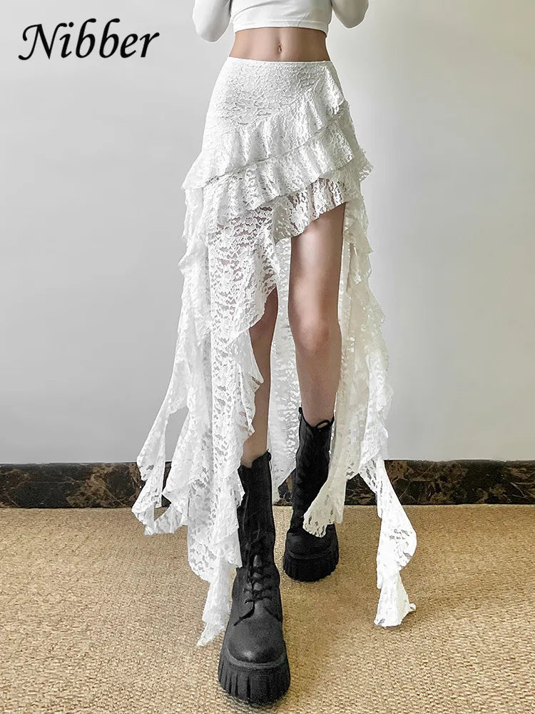 Nibber Tassels Women Skirts Irregular Hem Multi-Layered Ruffles Lace Patchwork Sweet Summer Trend Daily Skinny Versatile Bottoms Aviola
