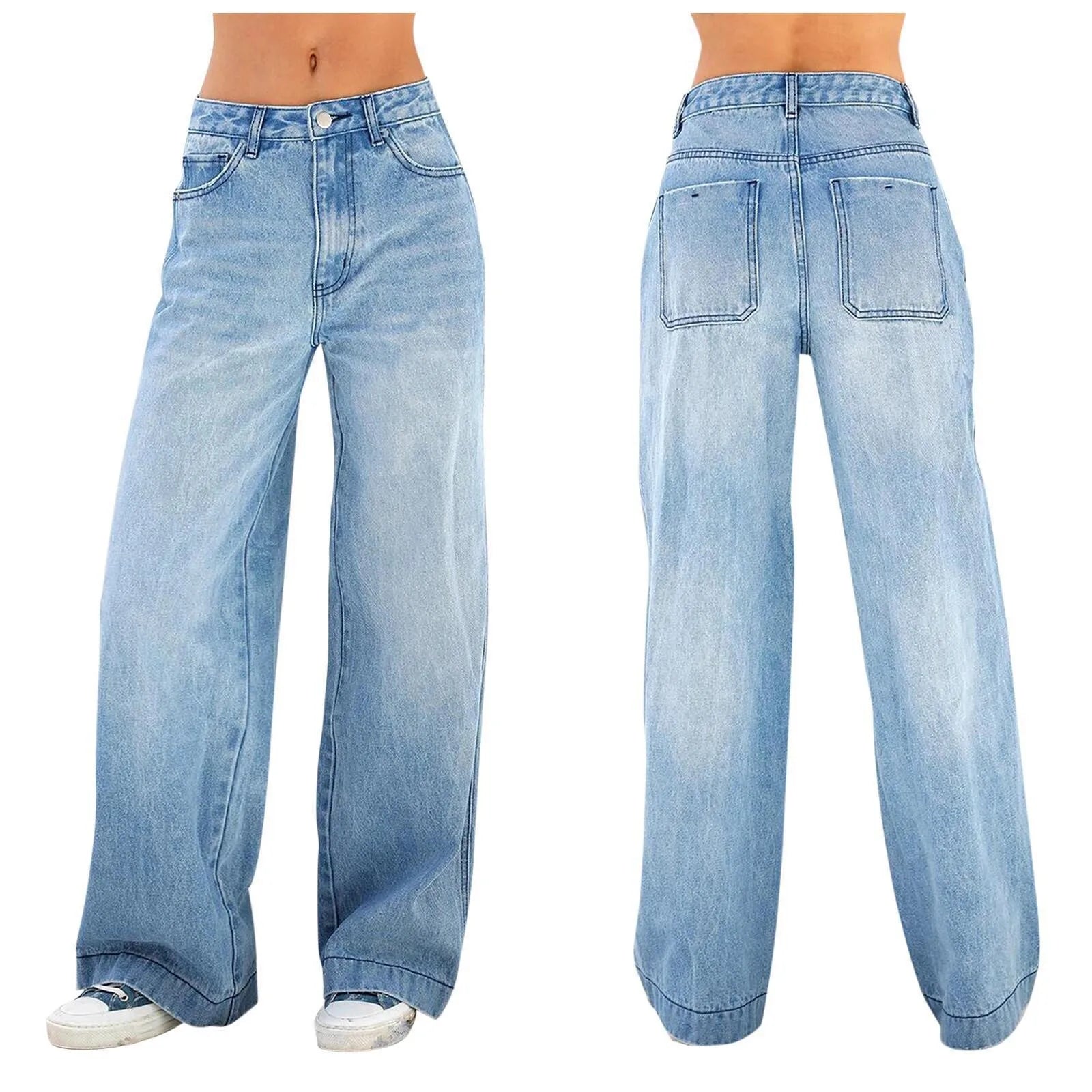 Women Jeans Wide Leg Pants Denim Pockets Streetwear Loose High Waist Full Length Washing Zipper Fly Flat Solid Color 2024 Aviola
