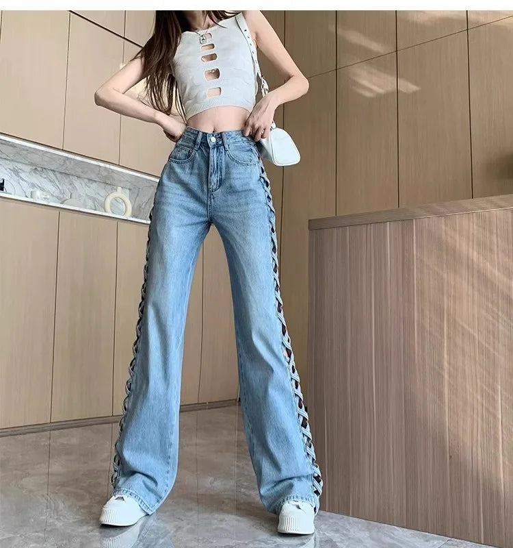 Women Casual Mom Jeans Hollow Out High Waist Trousers Button Zipper Wide Leg Pant Office Lady Loose Spring Club Y2k Streetwear Aviola