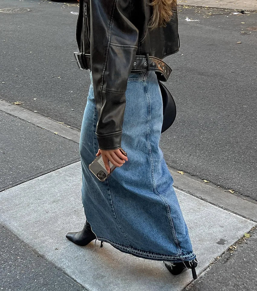 Denim Long Skirt Women Split Skirts Stretch High Waist Pockets Washed Distressed Mom Jeans 2025 Summer Streetwear Vintage A Line Aviola