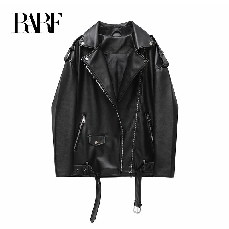 RARF  Women's new spring and autumn style black imitation leather locomotive style loose jacket coat handsome pu motorcycle top Aviola