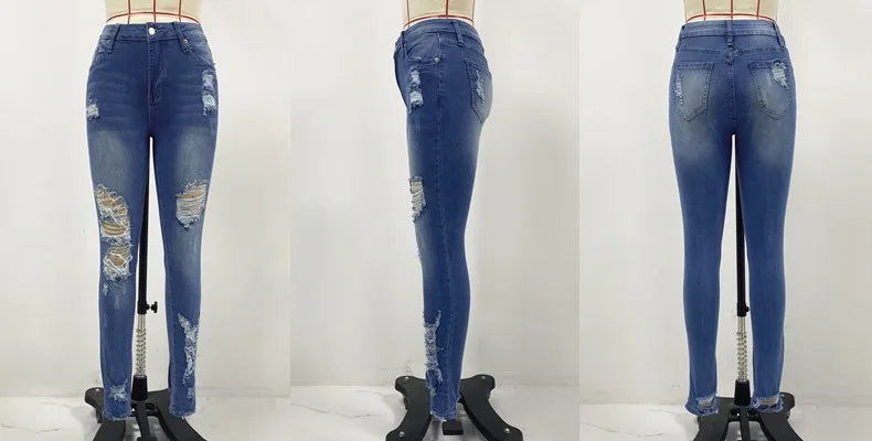 Ankle Length Ripped Hole High Waist Jean Sheath Pencil Denim Pants Skinny Solid Pockets Streetwear Distressed Vintage Slim Aviola