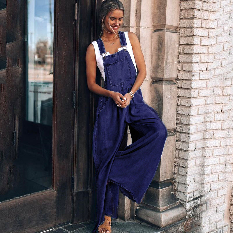 Pocket Design Wide Leg Suspender Denim Jumpsuit for Women Overall Cowboy BibSquare Neck Daily Regular Fit Sleeveless Summer Fall Aviola