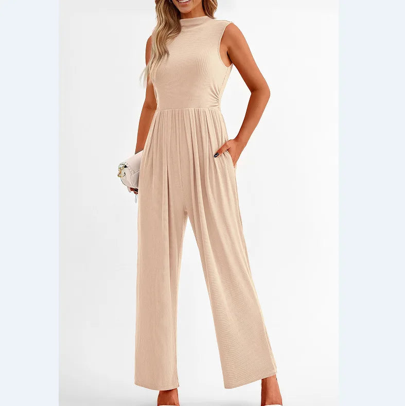 Women Jumpsuits One Piece O Neck Sleeveless Rompers Overalls Solid Wide Leg Pants Pockets High Waist Ankle Length Basics 2025 Aviola
