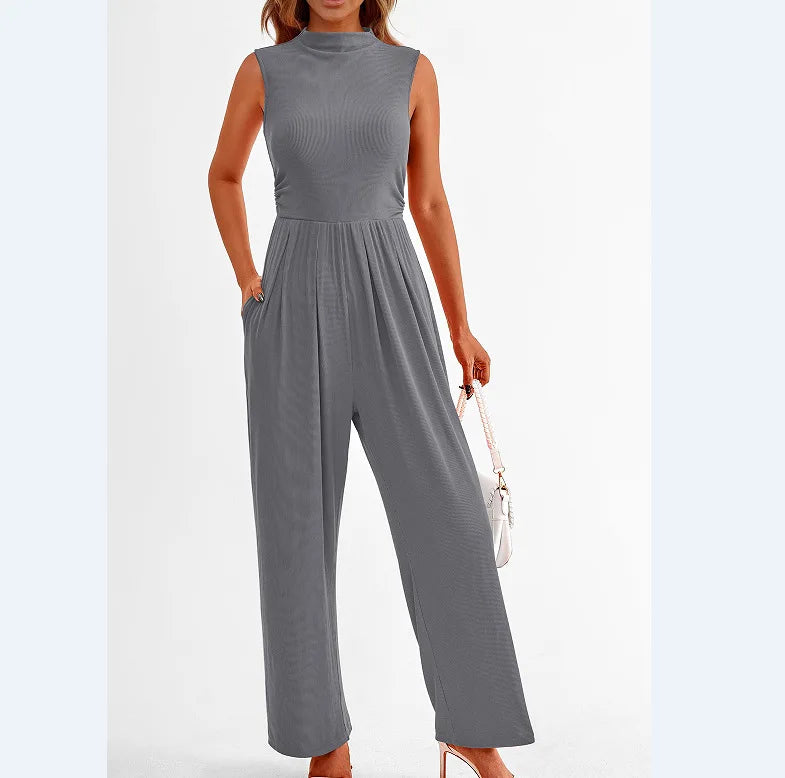 Women Jumpsuits One Piece O Neck Sleeveless Rompers Overalls Solid Wide Leg Pants Pockets High Waist Ankle Length Basics 2025 Aviola