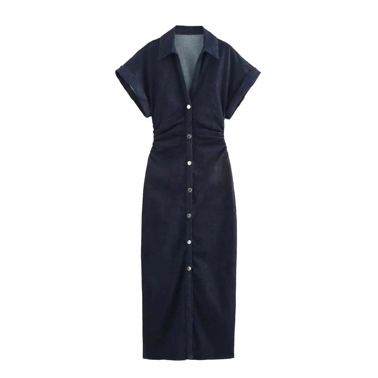 UNIZERA 2025 summer new traf women's elegant and fashionable pleated waist V-neck short-sleeved temperament denim dress Aviola