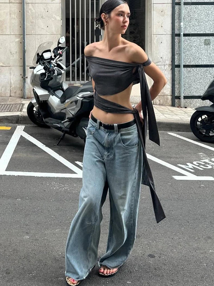 Nibber Hottie Hollow Bandage Tank Tops Women Ribbon One Shoulder Solid Summer Trend Wild Midnight Club Skinny Irregular Vest Aviola