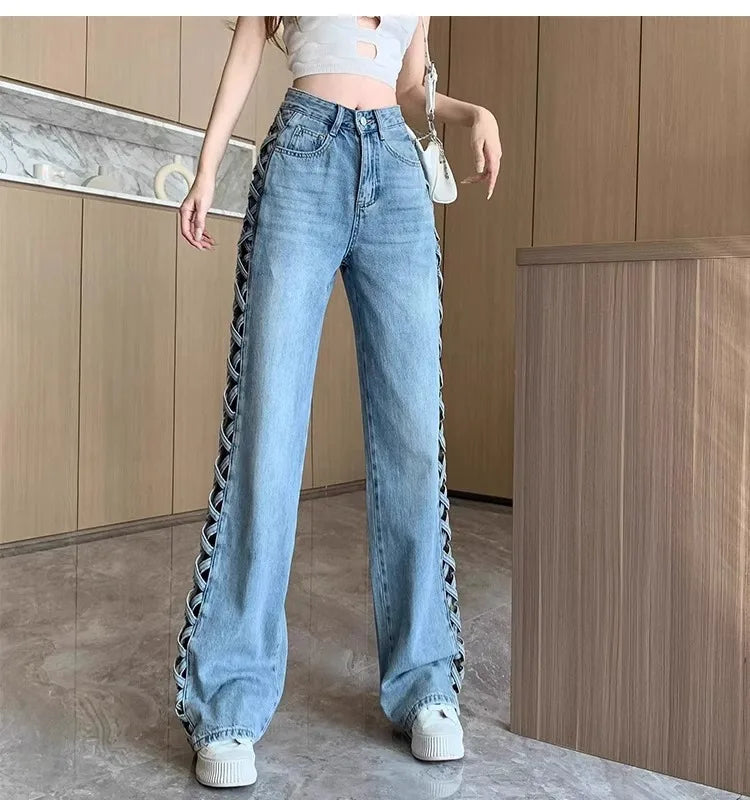Women Casual Mom Jeans Hollow Out High Waist Trousers Button Zipper Wide Leg Pant Office Lady Loose Spring Club Y2k Streetwear Aviola