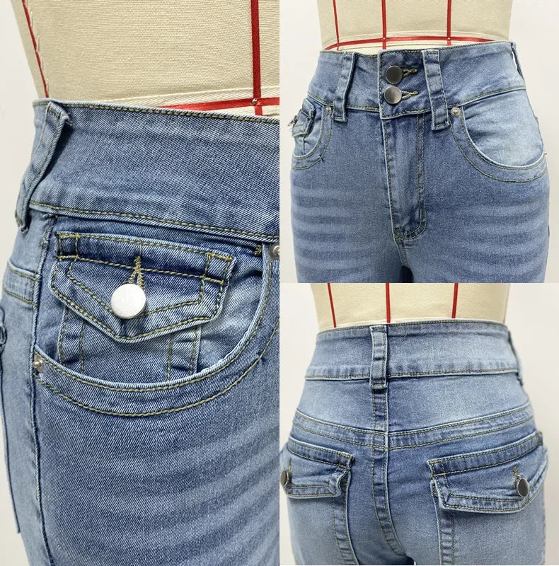 Jeans Denim Pant Women Long Pants Bodycon Button Pocket Splice Straight Trousers Solid Y2k Blue Mom Mid Waist Slim Streetwear Aviola