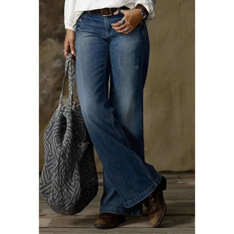 Women Jeans Wide Leg Pants Ankle Length Washing Denim Distressed Pockets High Waist Casual Loose Solid Spliced Summer 2024 Aviola