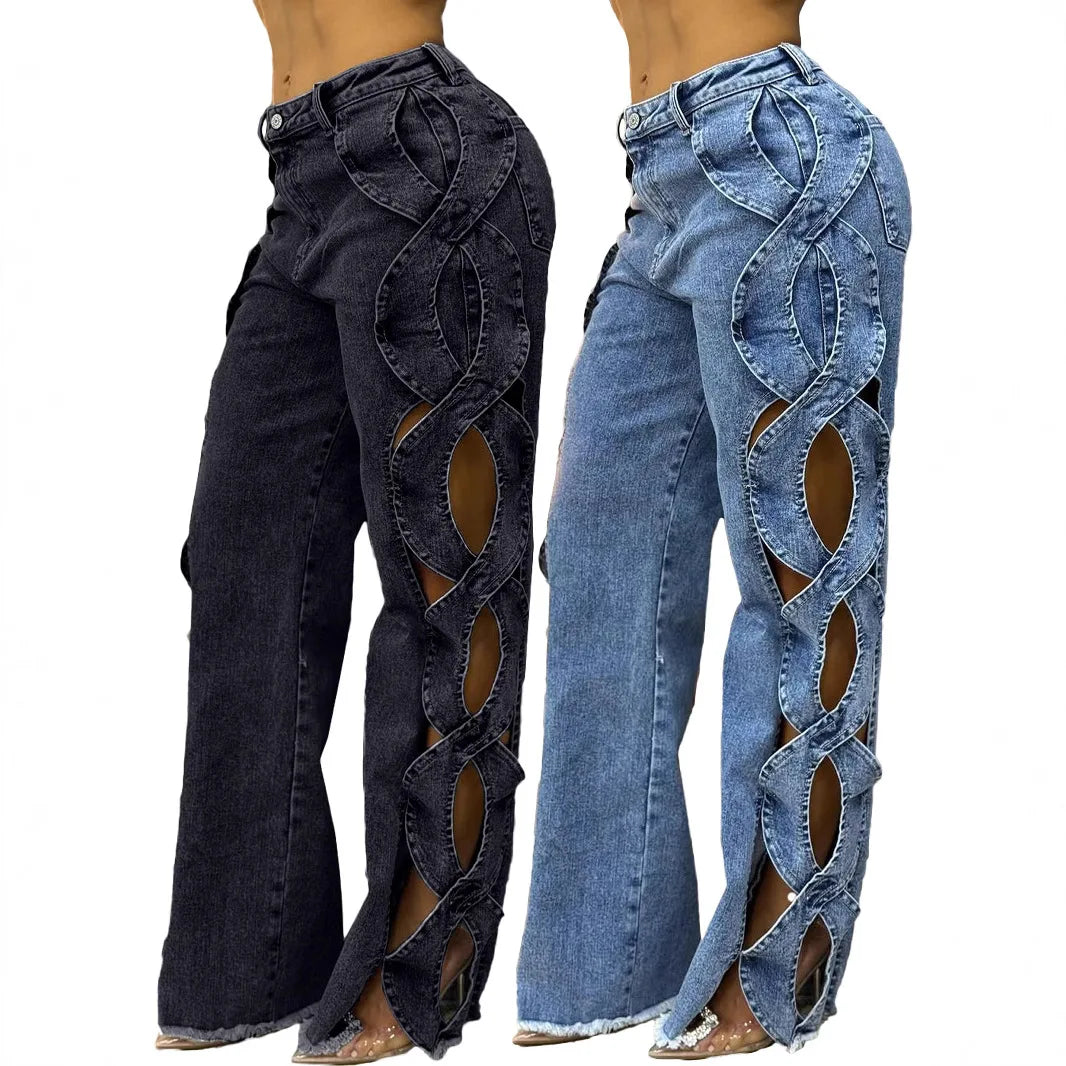 Denim Pant Women Jeans Long Pants Hollowed Out High Waist Straight Trousers Y2k Streetwear Casual Mom Jeans Night Club Summer Aviola