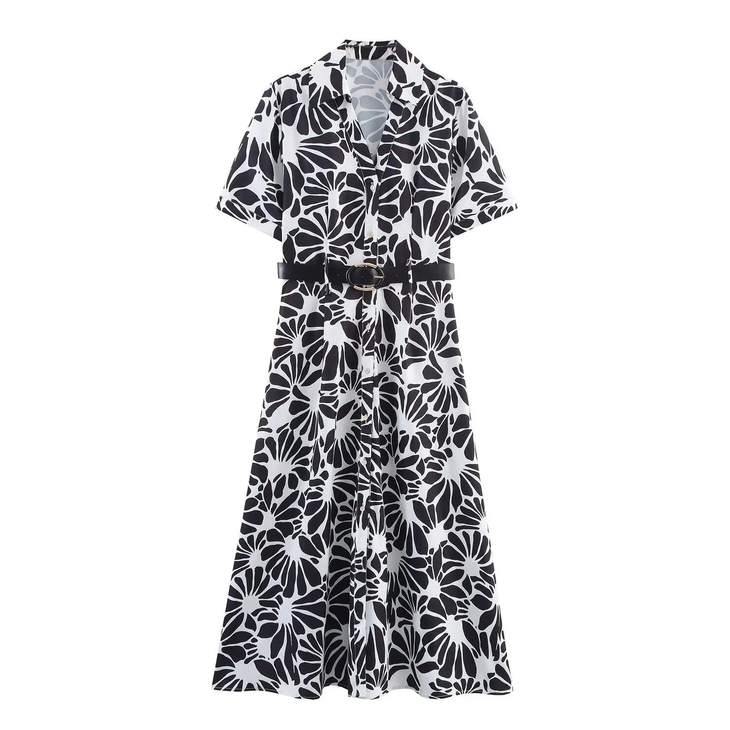BM&MD&ZA2025 Women's Summer New Belt Decorated Casual Elegant Collared Short Sleeve Shirt Style Mid Length Printed Dress Aviola