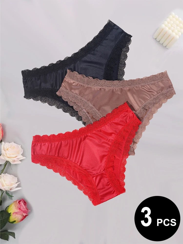 5PCS/Set Seamless Satin Panties Low Rise Lace Patchwork Briefs Solid Color Comfortable Breathable Women's Underwear Lingerie Aviola