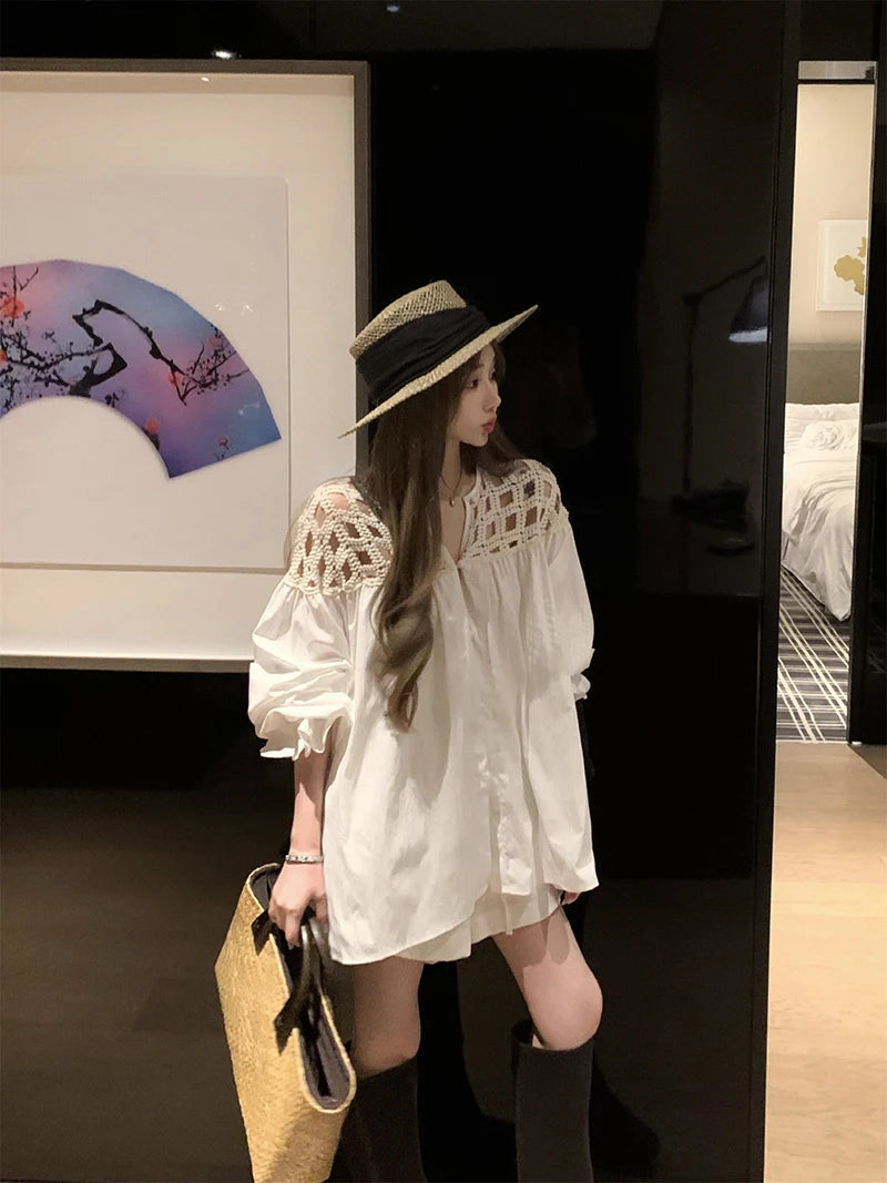 MEXZT Vintage White Shirts Women Streetwear Hollow Out Oversized Blouses Summer Ladies Korean Lantern Long Sleeve Casual Tops Aviola